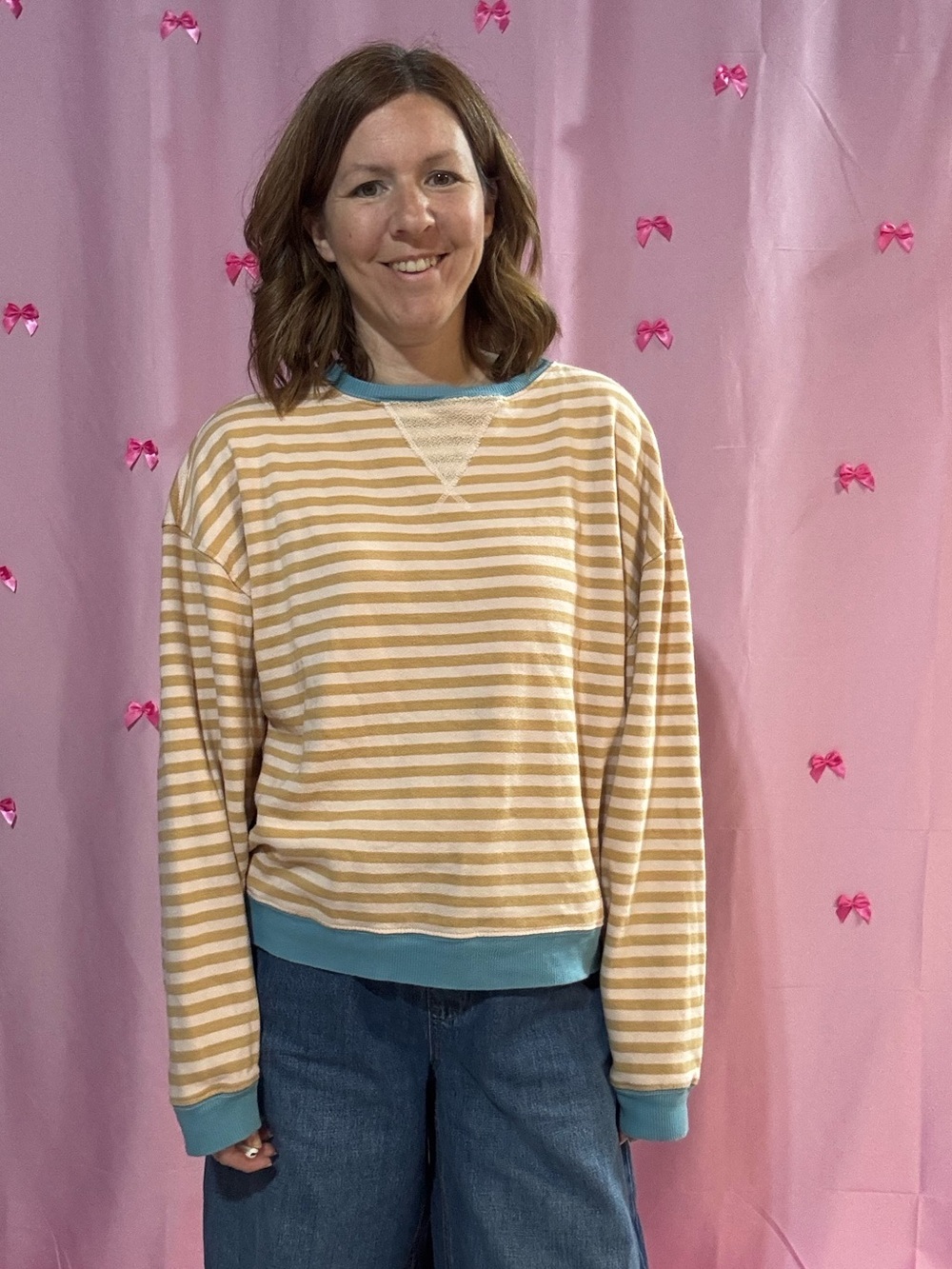 We The Free Cream & Tan Striped Crewneck with Blue Trim sweatshirt pullover